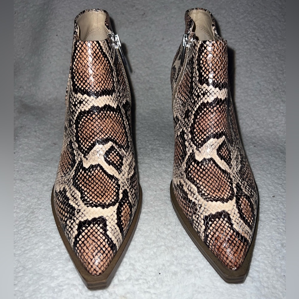 Vince Camuto Pointed Toe Snake-Print Ankle Boots in Brown and Tan